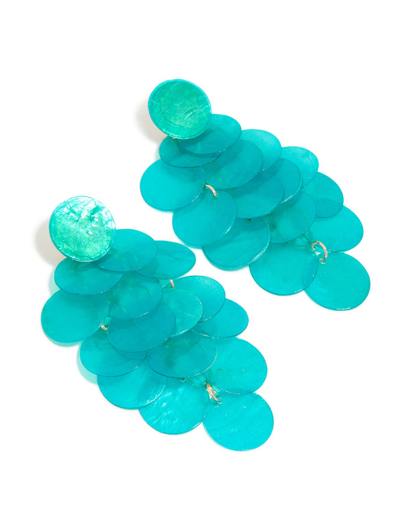 Beautifully designed aqua blue shell effect drop earrings featuring ocean-inspired statement style in turquoise front view