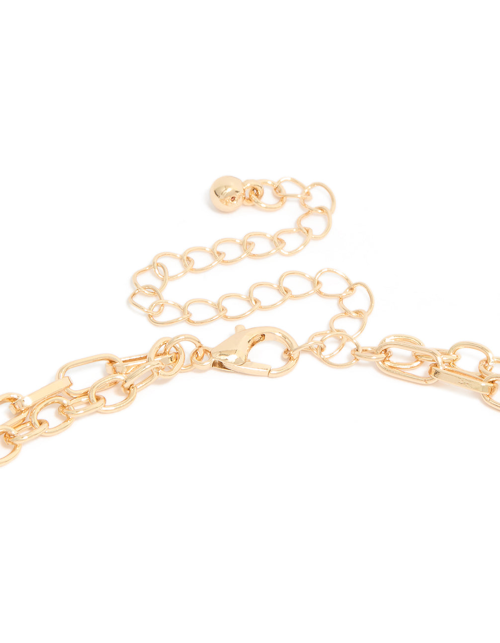 Highlighting the lobster clasp detail of this evil eye and sea charm layered necklace with beads, ocean-inspired shell features, and turquoise accents in gold clasp detail view
