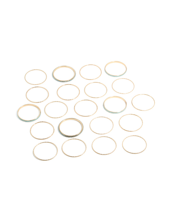 This 21-pack features glitter bangles in gold and turquoise front view