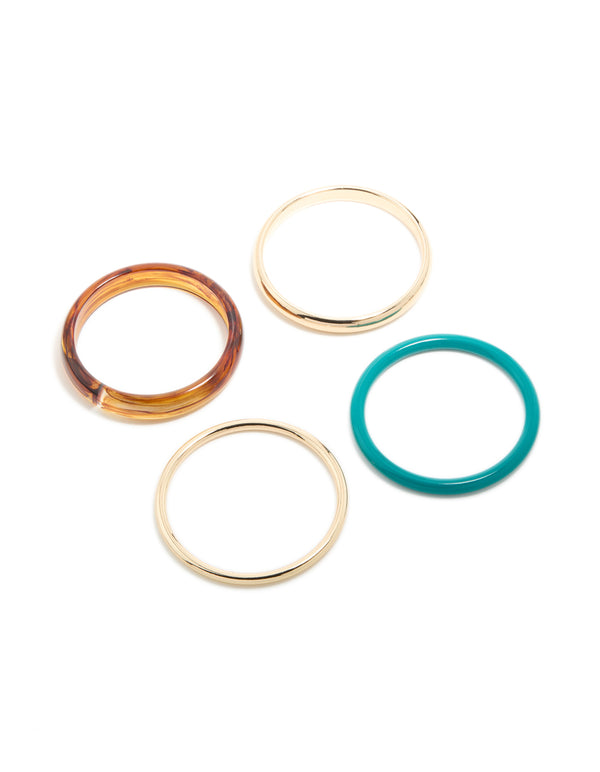 Featuring gold, brown and blue acrylic bangles in a 4-pack front view