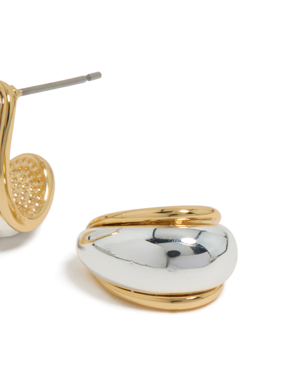Showcasing mixed metal plated small teardrop drop earrings in silver and gold post detail view