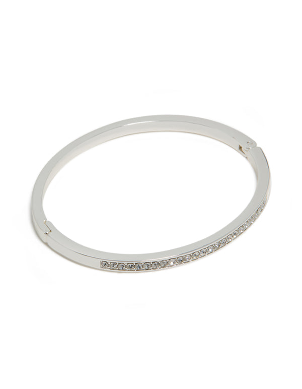 Elegant silver plated bezel diamante tennis bracelet in white front view