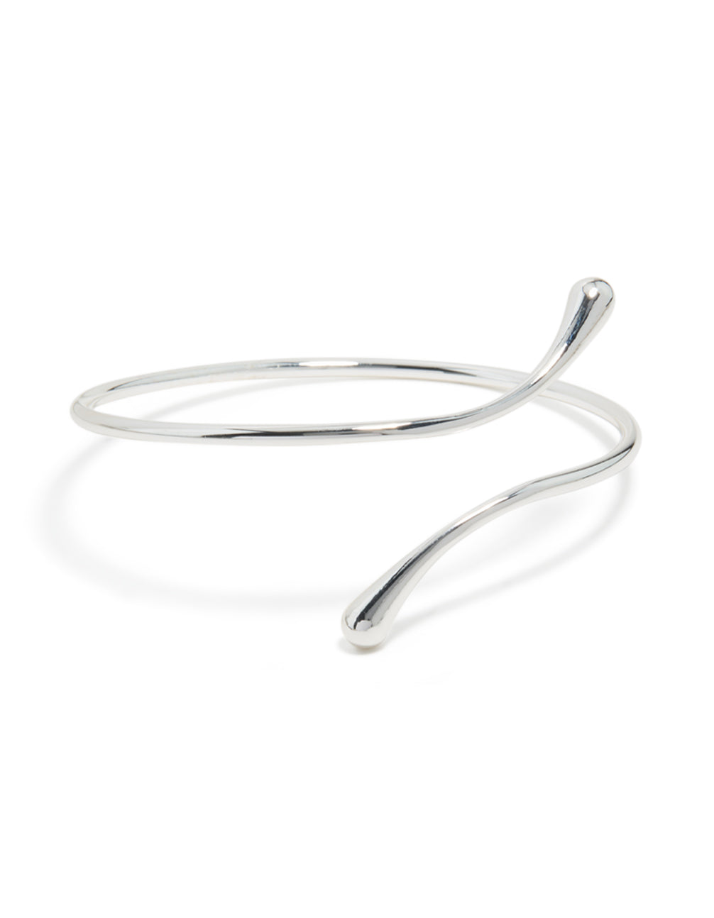 Showcasing a molten drop arm cuff crafted from silver plated metal with statement styling front view