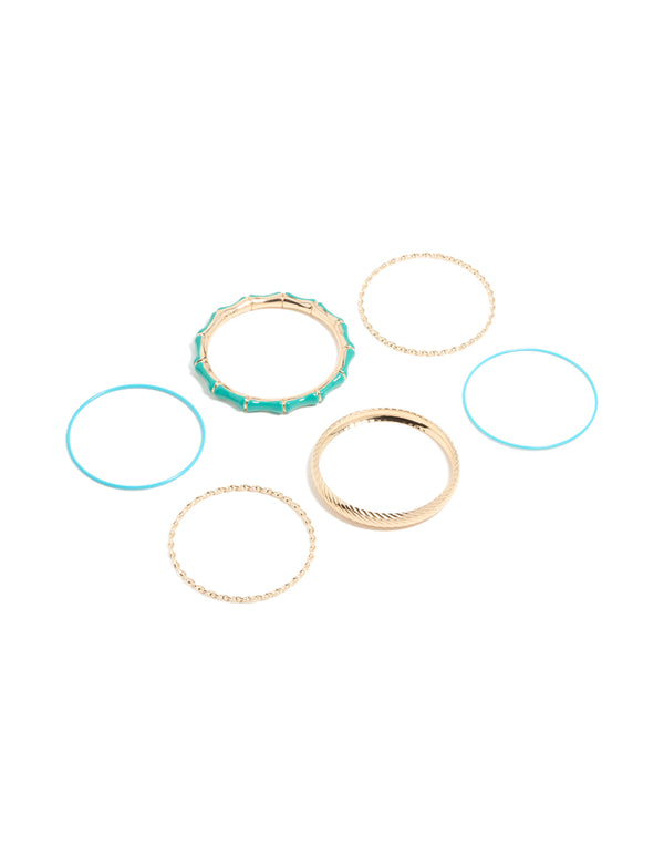 Featuring enamel statement chunky bangles in gold turquoise and aqua front view