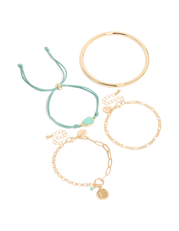 Featuring a gold turquoise stone bangle and cord bracelets 4-pack with coin accents front view