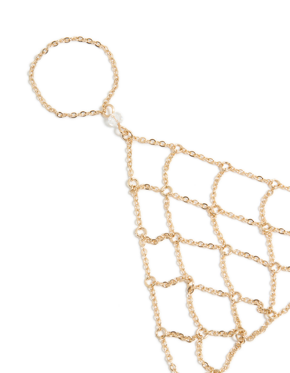 Featuring a statement gold mesh hand chain bracelet with close up view