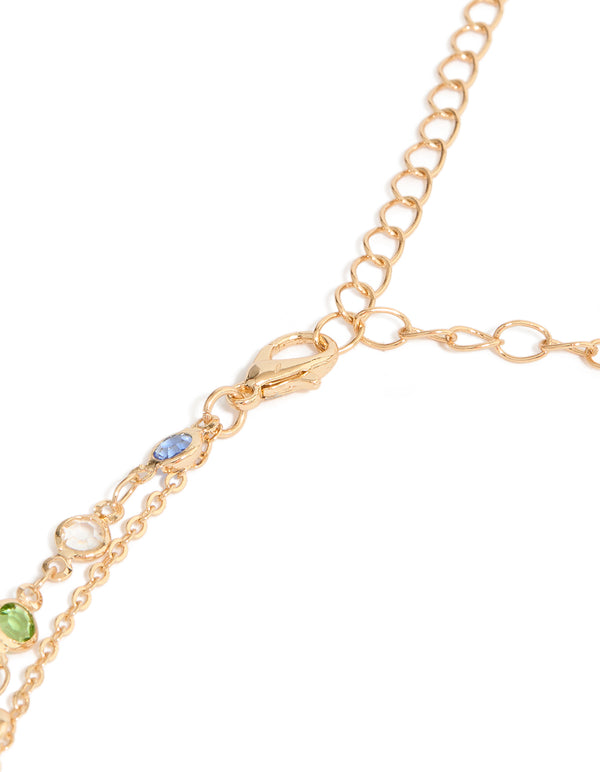 Discover a gold embellished waisted belt with red lime green and skyblue stones detail view