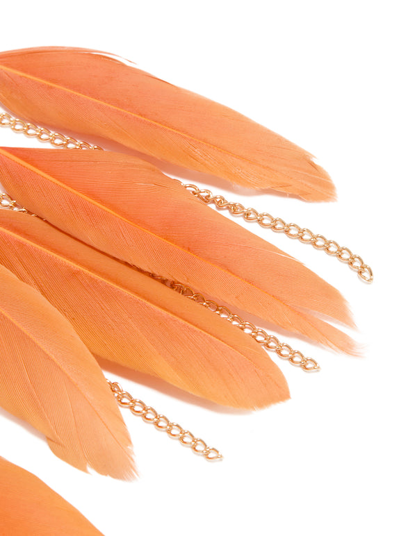 Featuring statement drop earrings with coral feathers and gold chain detailing in post detail view