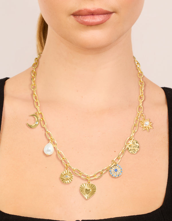 Gold Plated Pearl Celestial & Heart Charm Necklace