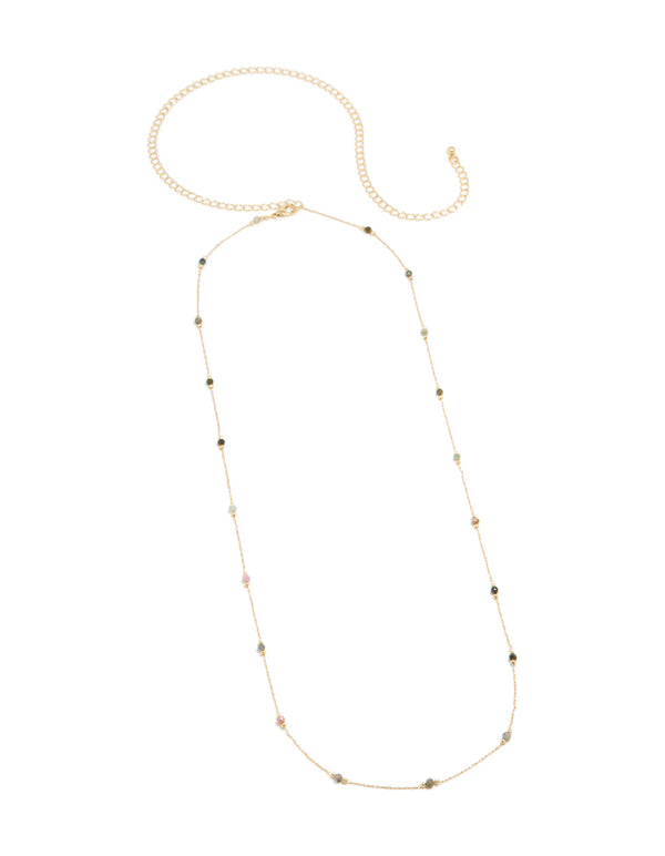 This gold plated multicoloured semi precious stones beaded waist chain features an embellished pattern with waisted shape front view