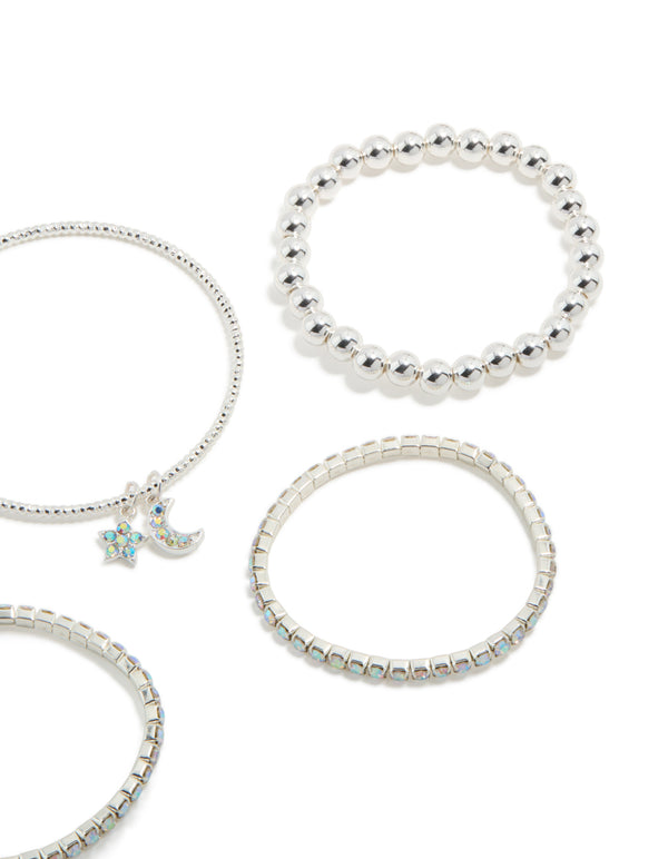 Stylish kids silver diamante celestial bracelets 5-pack with beads, moon charm, and bangle styles close up view