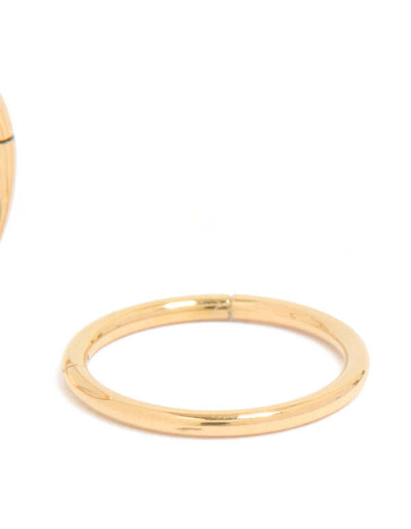 Crafted from gold plated surgical steel 10 mm thick sleeper hoop earrings with closure detail post detail view