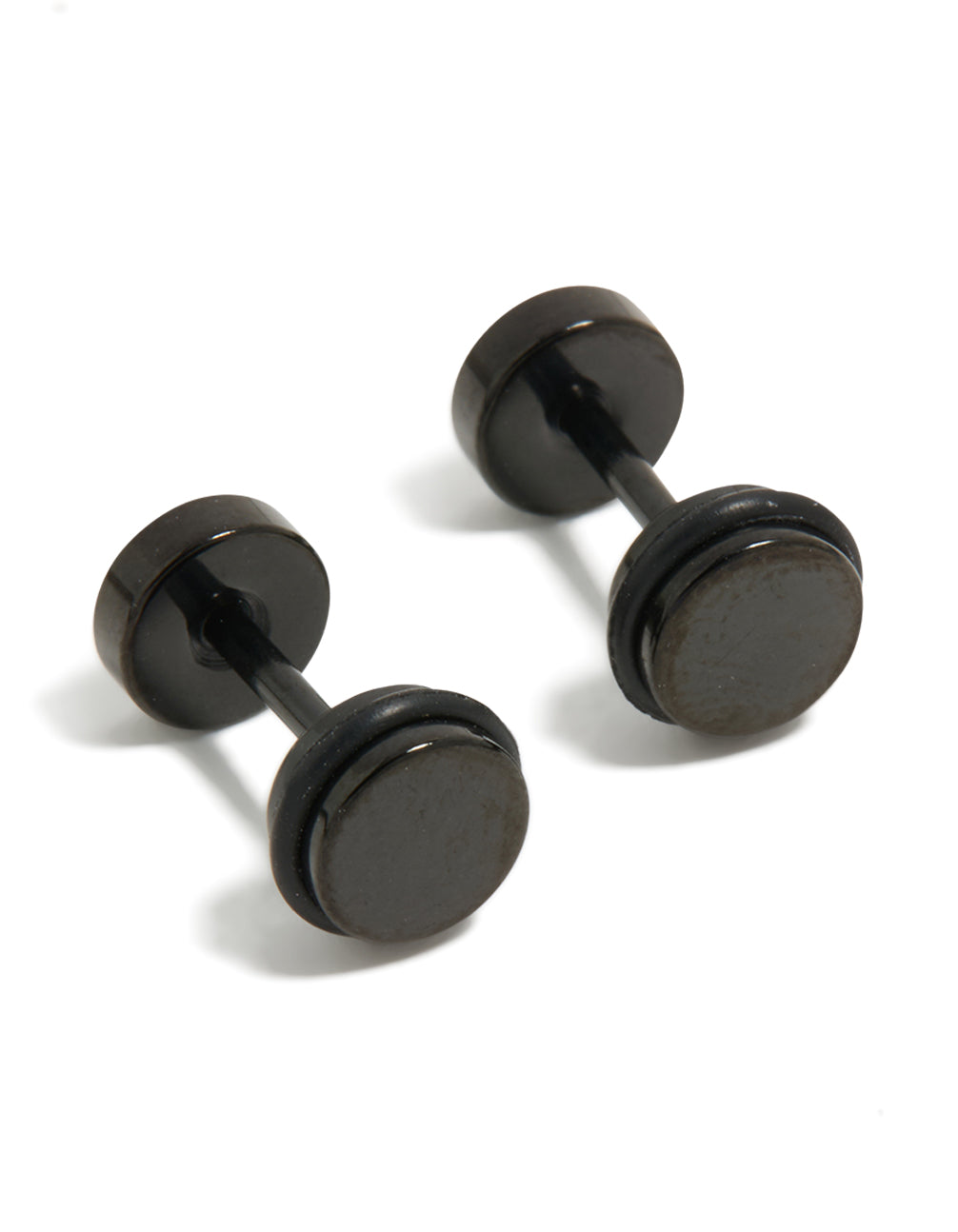 Showcasing black coated surgical steel disc flat back studs with sleek finish front view