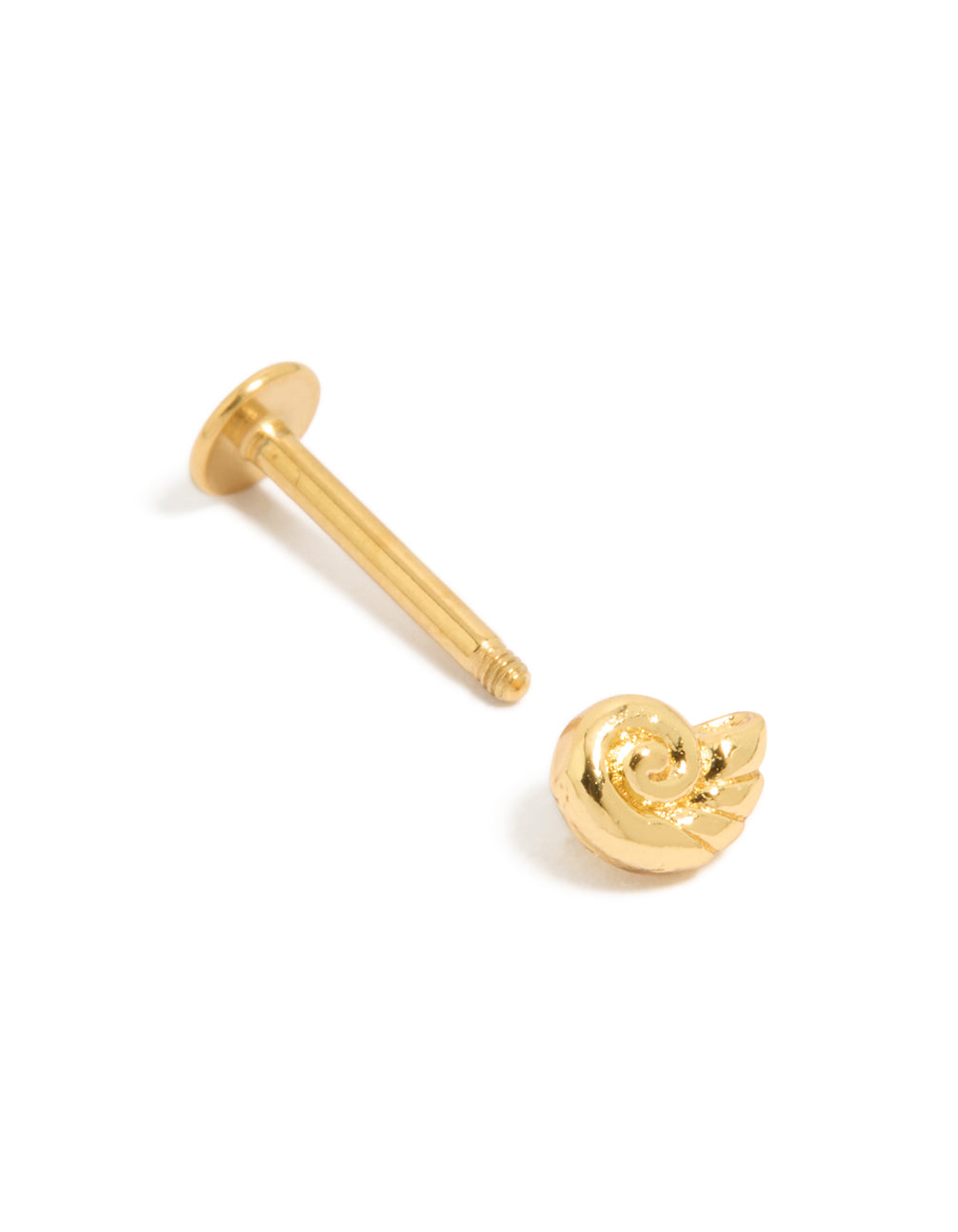 Designed with gold plated surgical steel sundial shell featuring ocean-inspired styling and flat back closure post detail view