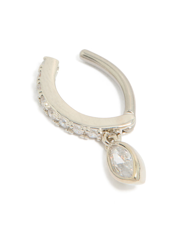 This surgical steel cubic zirconia circle drop belly ring showcases a charm detailing in silver and clear stone detail view