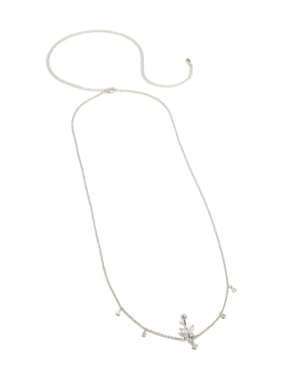 Crafted from Surgical Steel this Cubic Zirconia Butterfly Chain Belly Bar with charm in silver and clear belly view