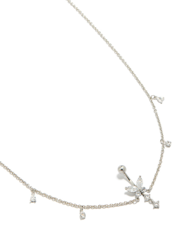Surgical Steel Cubic Zirconia Butterfly Chain Belly Bar with charm featuring silver and clear tones detail view