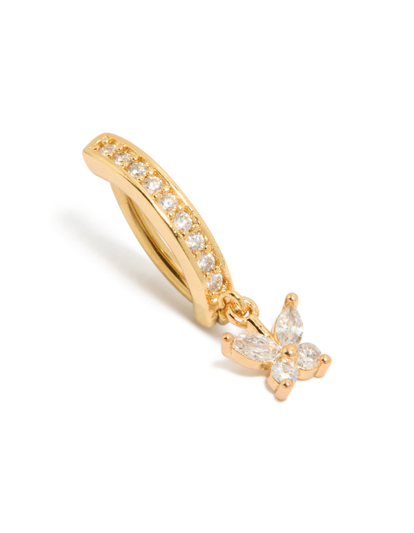 Showcasing a butterfly charm belly bar crafted from surgical steel with cubic zirconia and gold plated finish front view