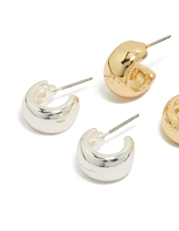 Featuring mixed metal plated small round open hoop earrings in a 3-pack with gold and silver tones, hoop closure close up view