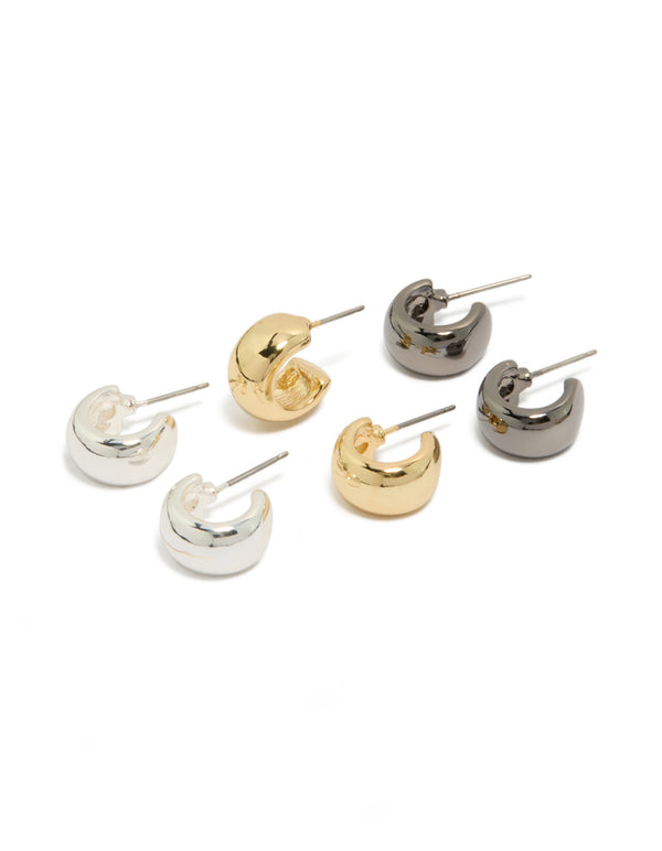 Discover these mixed metal plated small round open hoop earrings in a 3-pack with gold and silver tones, hoop closure front view