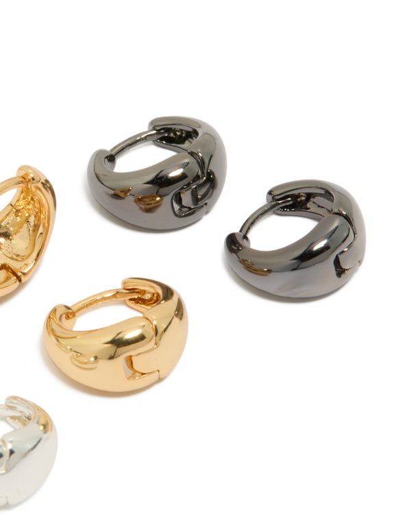 Designed with mixed metal small graduated huggie earrings in a 3-pack featuring gold and silver plated finishes post detail view