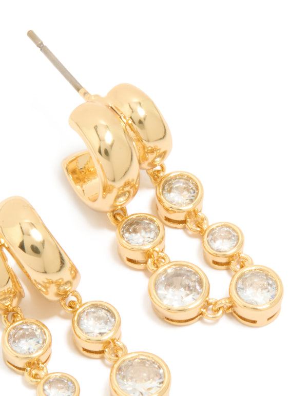 Designed with gold plated cubic zirconia bezel double hoop drop earrings post detail view