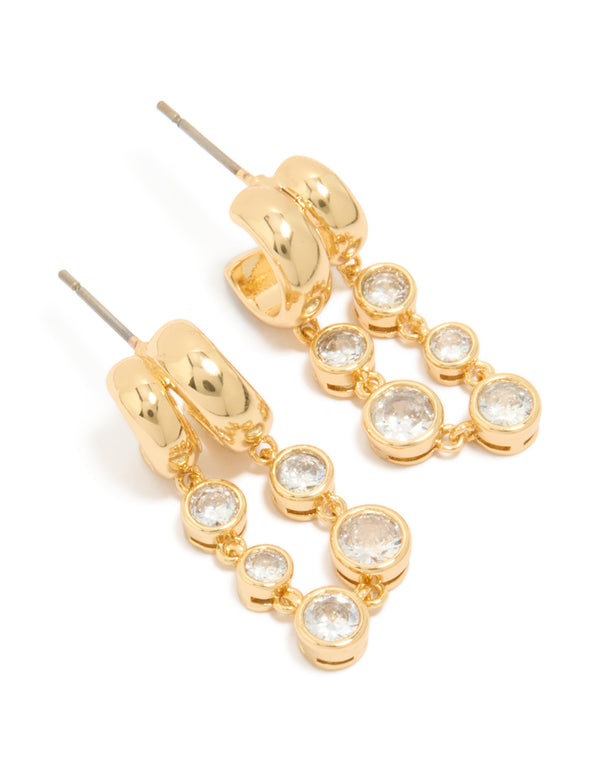 Showcasing gold plated cubic zirconia bezel double hoop drop earrings front view