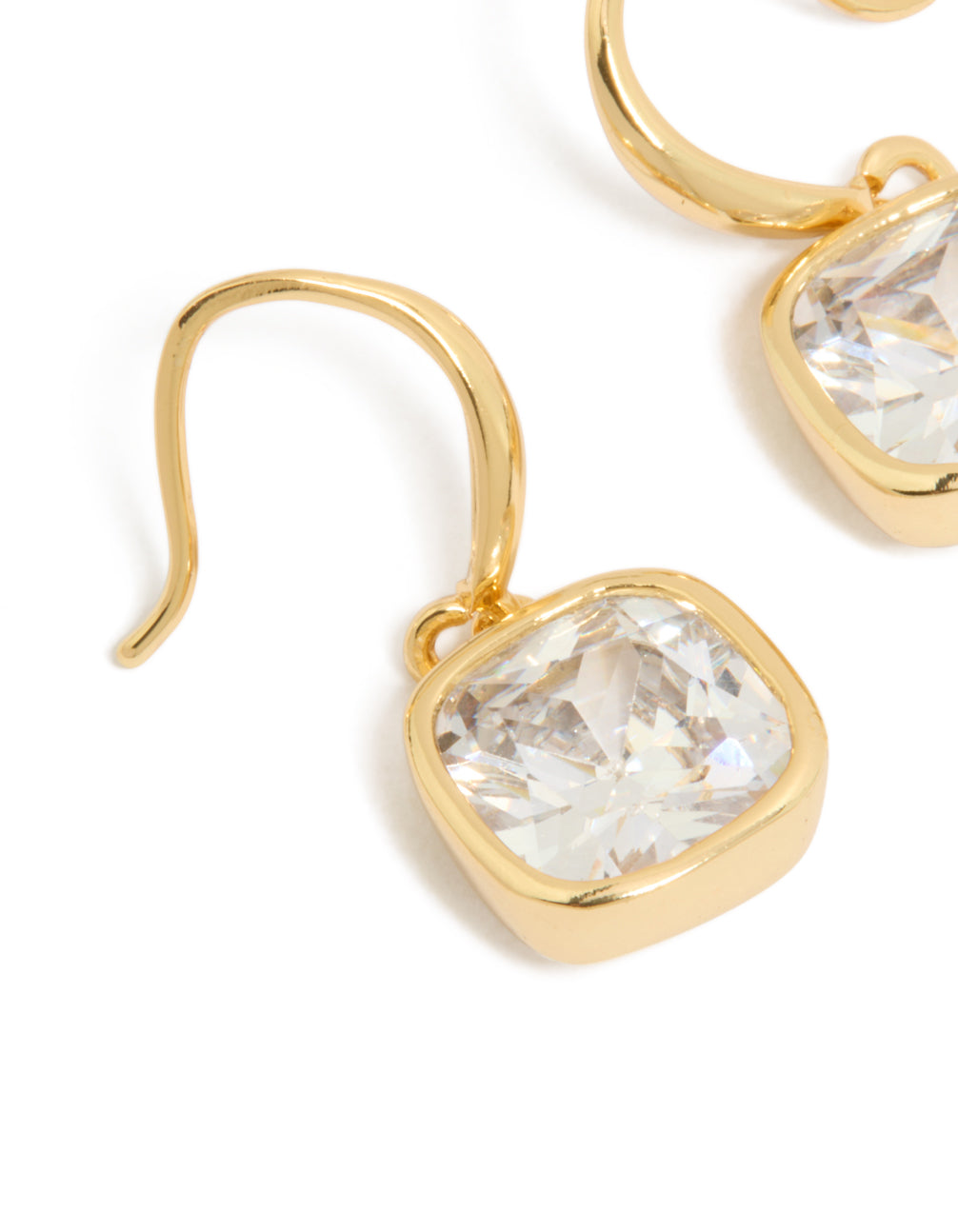 Designed with gold plated square cubic zirconia hook earrings close up view