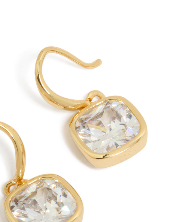 Highlighting square hook earrings featuring cubic zirconia in gold plated metal post detail view