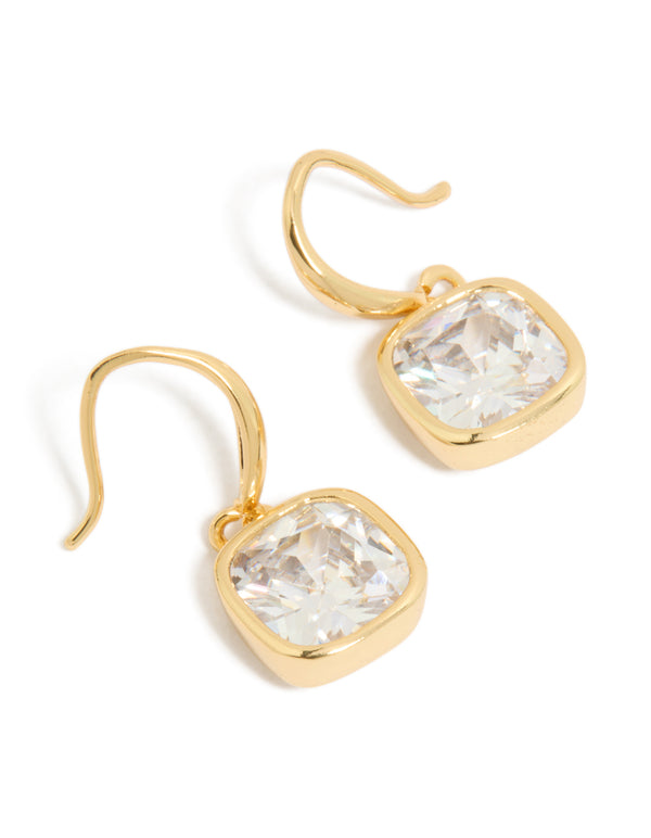 Showcasing square hook earrings featuring cubic zirconia stones in a gold plated finish front view