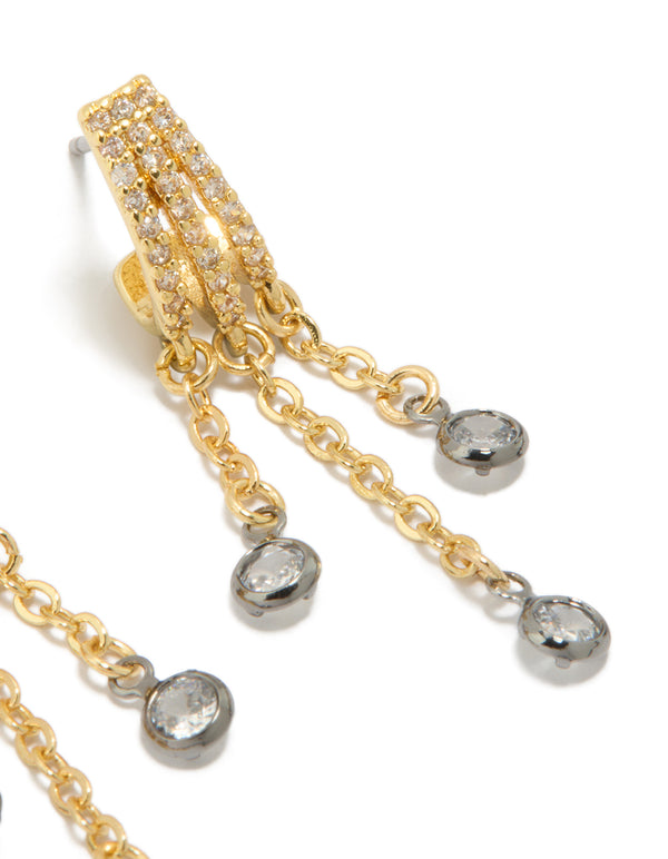 Crafted from mixed metal with plated cubic zirconia illusion hoop chain drop earrings featuring statement styling in gold, silver, and clear tones post detail view