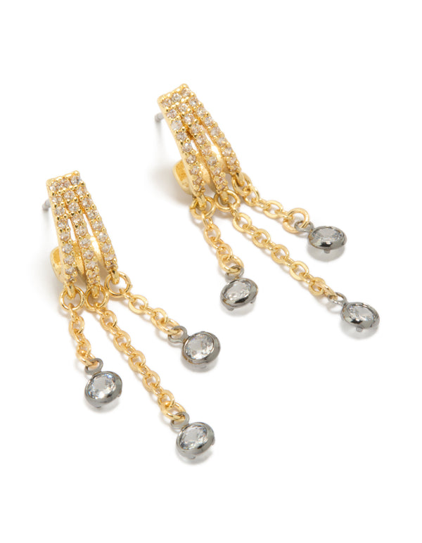 Showcasing mixed metal plated cubic zirconia illusion hoop chain drop earrings with statement style in gold, silver, and clear tones front view