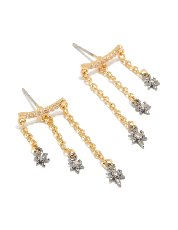 Showcasing mixed metal plated cubic zirconia star chain earrings with charm and celestial accents in gold, silver, and clear tones front view
