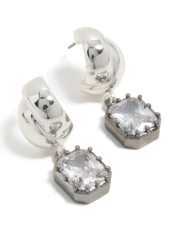 Showcasing statement drop earrings with square cubic zirconia stones in gunmetal plated setting front view