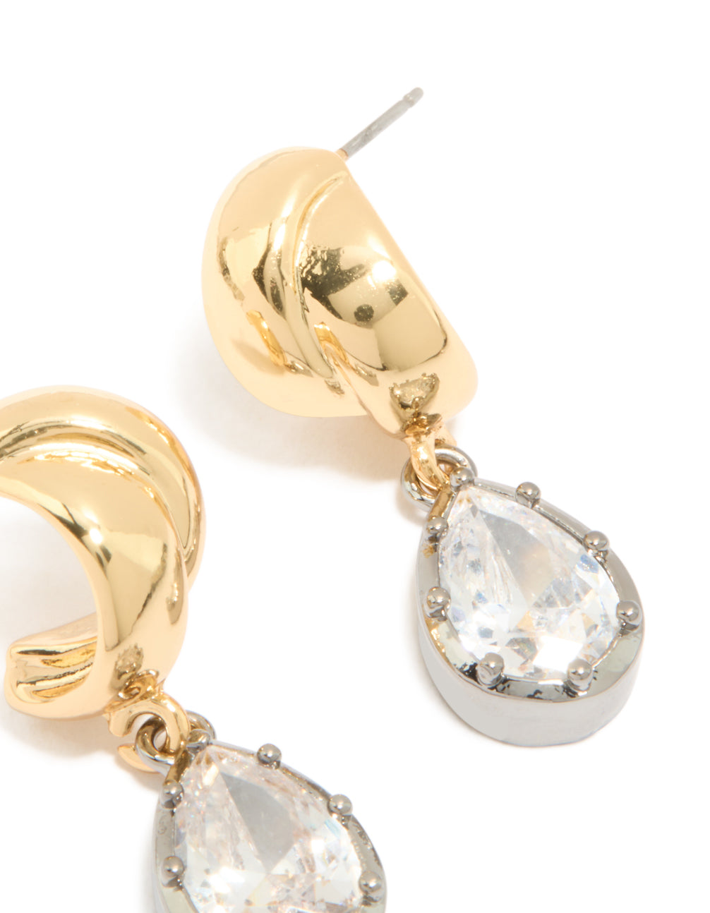 Crafted mixed metal plated cubic zirconia knot teardrop earrings displaying fastening mechanism post detail view