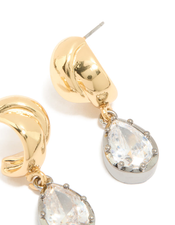 Crafted mixed metal plated cubic zirconia knot teardrop earrings displaying fastening mechanism post detail view