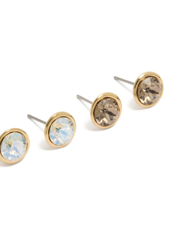 Elegantly designed gold plated cubic zirconia circle stud earrings in a 3-pack with crystal featuring stud closure post detail view