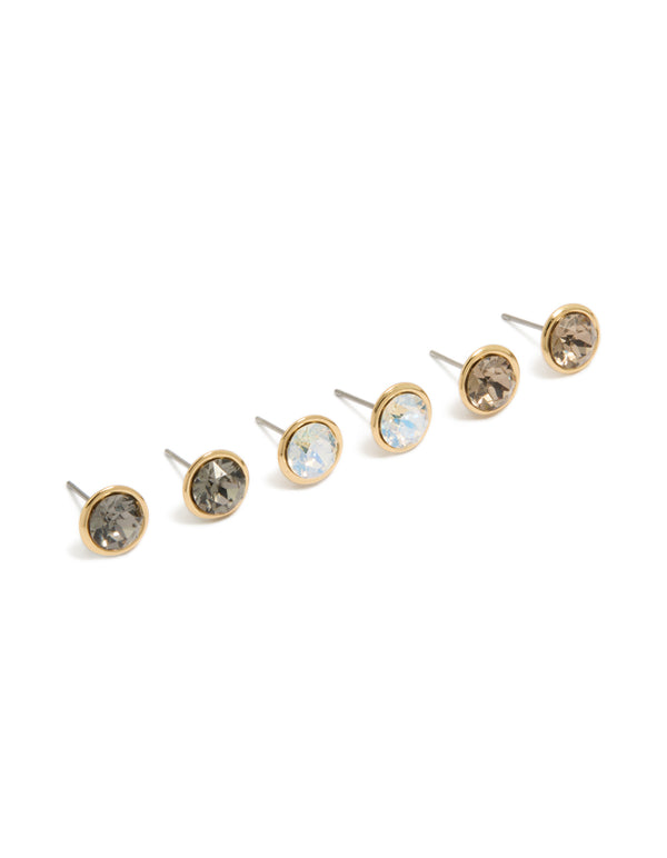 Beautifully crafted gold plated cubic zirconia circle stud earrings in a 3-pack with crystal featuring stud closure front view