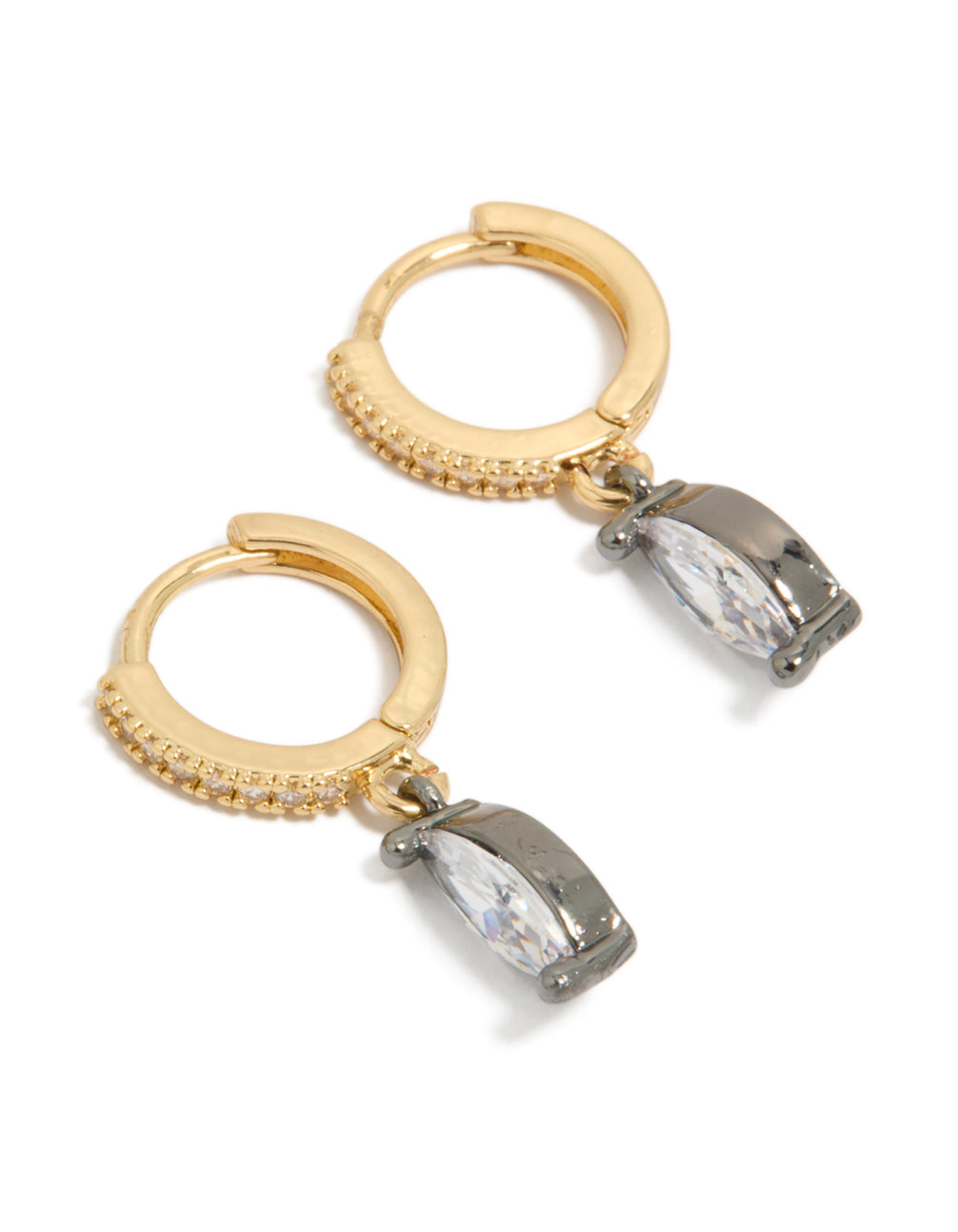 Featuring mixed metal plated cubic zirconia oval huggie drop earrings in gold, silver, and clear stone front view