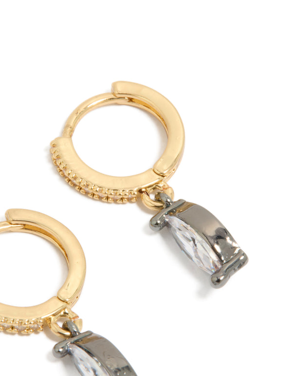 Stunning mixed metal plated cubic zirconia oval huggie drop earrings featuring gold, silver, and clear tones post detail view