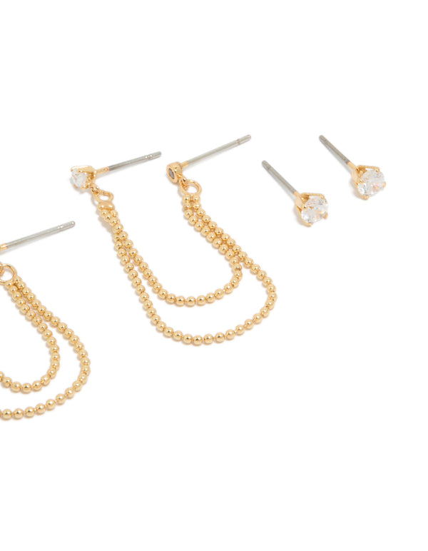 Designed with gold plated cubic zirconia, this double layered chain features beads, and stud closure in statement style, 3-pack post detail view
