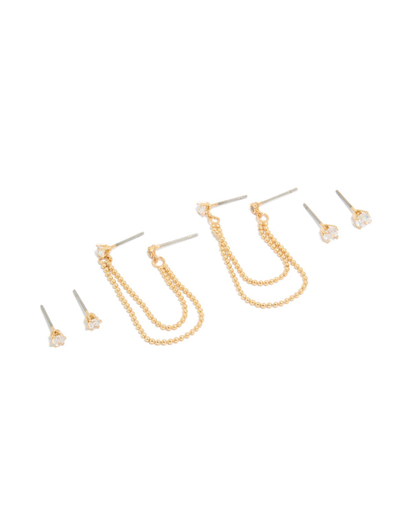 Showcasing a gold plated statement double layered chain and stud earrings set featuring beads, cubic zirconia, and crystal with stud closure, 3-pack front view