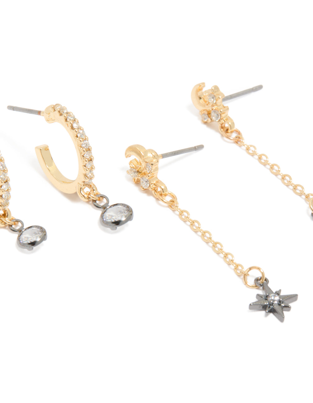 Explore mixed metal plated cubic zirconia cluster chain and stud earrings in a 4-pack featuring celestial star with gold and silver colors close up view