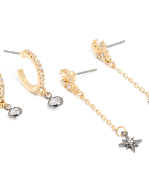 Explore mixed metal plated cubic zirconia cluster chain and stud earrings in a 4-pack featuring celestial star with gold and silver colors close up view