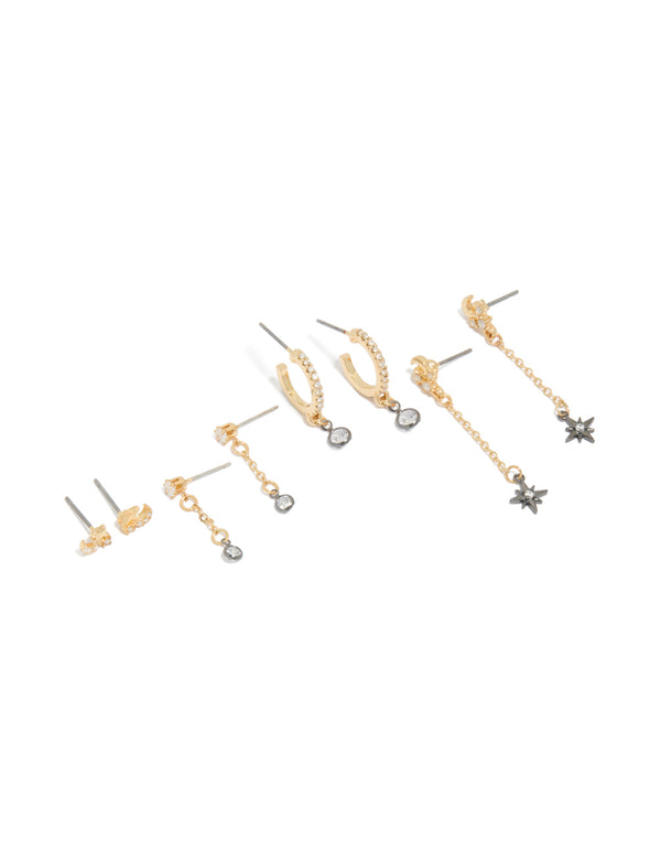 Discover mixed metal plated cubic zirconia cluster chain and stud earrings in a 4-pack featuring celestial star with gold and silver colors front view
