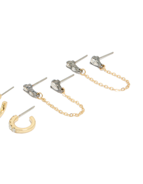 Highlighting gold plated cubic zirconia chain and huggie earrings 3-pack with crystal accents post detail view
