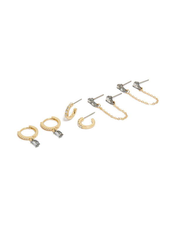 Showcasing gold plated cubic zirconia chain and huggie earrings 3-pack with crystal accents front view