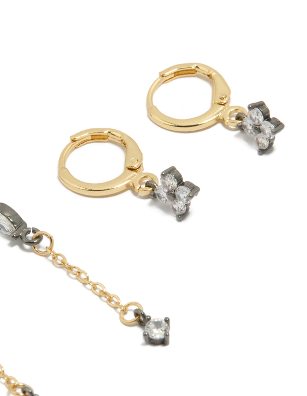Elegant mixed metal plated cubic zirconia flower chain and huggie earrings with sparkling stones in a 3-pack set post detail view