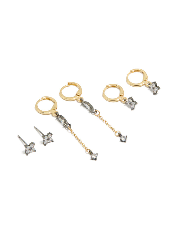 Discover mixed metal plated flower chain and huggie earrings featuring cubic zirconia in a 3-pack set front view