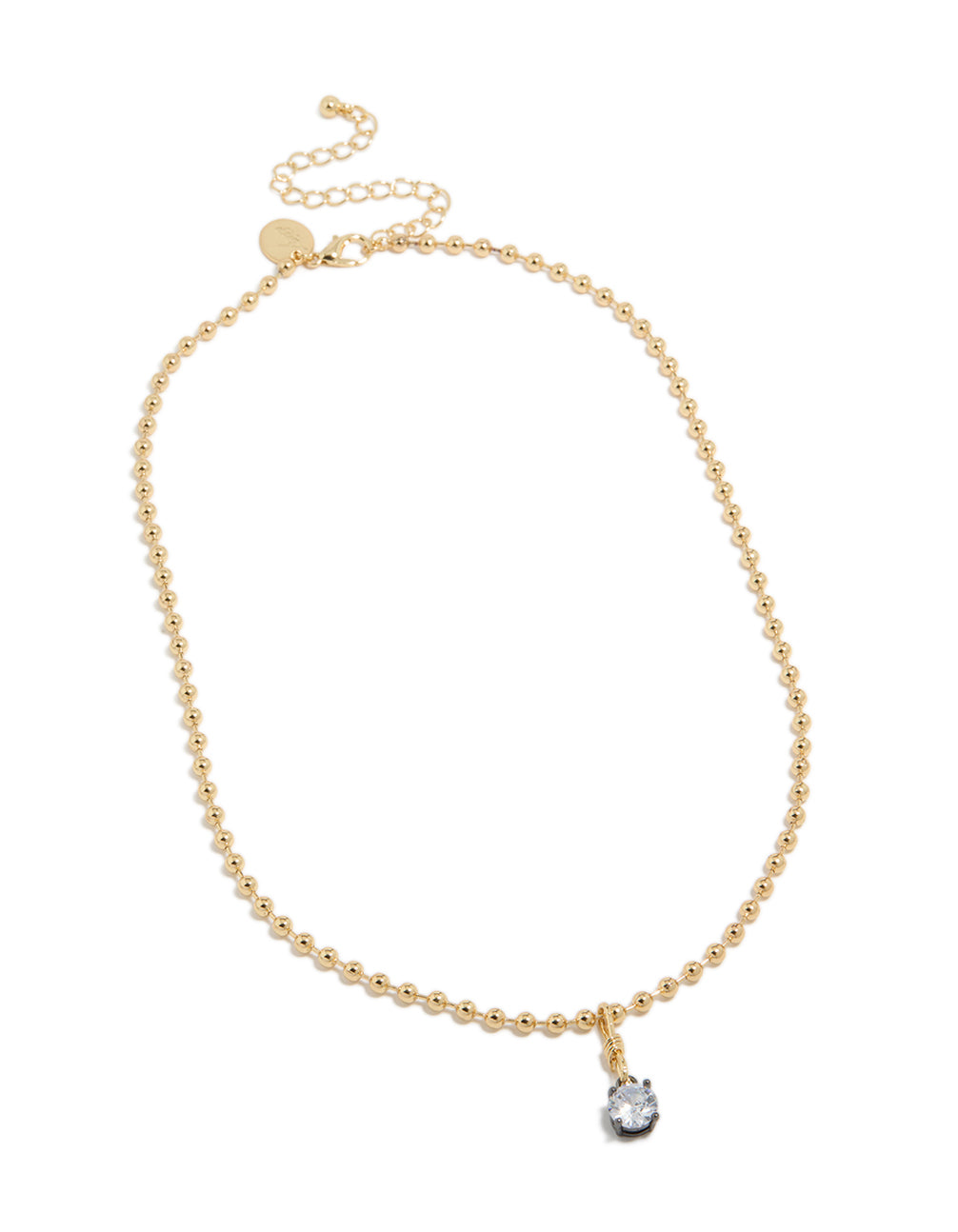 Crafted from mixed metal plated cubic zirconia pendant and ball chain necklace with crystal in gold front view
